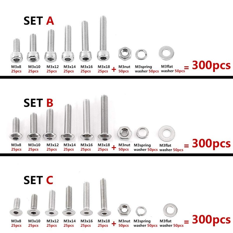 300 Tornillos M3 304 de Acero Inoxidable Hexagonal Tuercas Arandelas