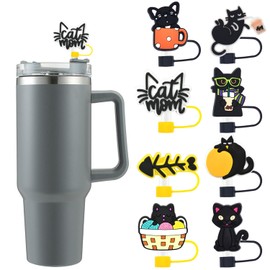 8 Pack Black Cat Straw Cover Toppers, Silicone Reusable Straw Cover Caps, Drinking Dust Proof Straw Tips Lids for Tumbles Cups Accessories