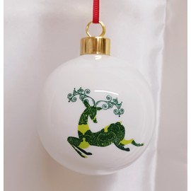 Festive Reindeer Green Bauble Fine Bone China 7 cm Gift Boxed Elegant Christmas Tree Ornament Hand Decorated in UK