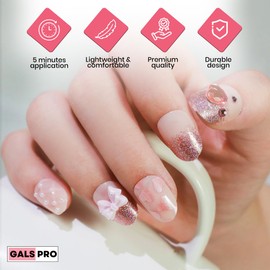 Pokengda Diseño De Uñas Postizas Acrílicas Cortas Y Lindas, Uñas Redondas De Color Rosa A Presión, Kits De Uñas Postizas Acrílicas Con Lentejuelas Reutilizables Y Lazo Rosa 10
