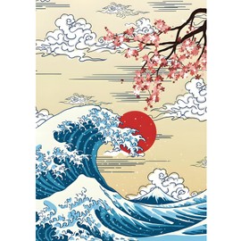 MOGTAA The Great Wave Diamond Art Kits for Adults, Japanese Cherry Blossom Tree Diamond Painting Kits for Beginners, DIY 5D Diamond Dots Kits Sunset Gem Craft for Home Art Decor 12x16 inch