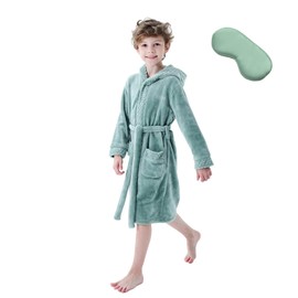 MGEOY Kids Robes for Girls Soft Hooded Flannel Bathrobes for Kids With Silk Eye Sleep Mask Green 6-7