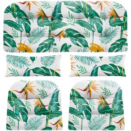 PITCTCHIC Wicker Chair Cushions of 5 Pieces, Waterproof Outdoor Loveseat Cushion for Wicker Furniture, 1 Love Seat Cushion, 2 U-Shape and 2 Lumbar Pillows for Patio Furniture (Yellow Leaf)