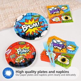 Grencian 200Pcs Super Theme Hero Party Decorations Colorful Super Theme Hero Plates and Napkins Disposabe Heros Action Paper Tableware Set for Boys Birthday Baby Shower Party Supplies, Serves 50