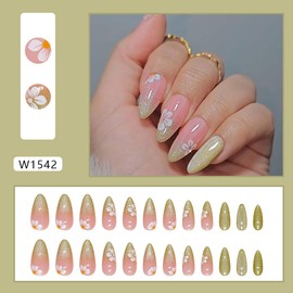 Long Nude Press on Nails Almond French Tip False Nails Full Cover Gradient Flower with Glitter Pattern Design Press on Artificial Glossy Reuseable Glue on Nails for Women Daily Nail Decoration 24Pcs