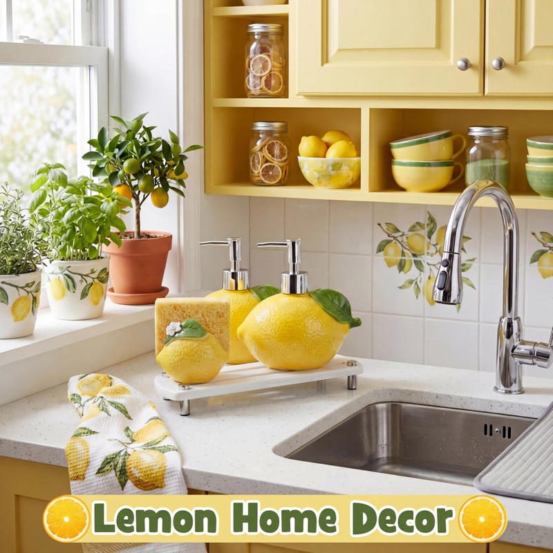 Singhoow 4 Pcs Lemon Kitchen Decor Ceramic Soap Dispenser Set