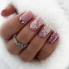 24Pcs Christmas Press on Nails Short Square, Glossy Pink Glitter False Nails with Rhinestone and Snowflake Designs, Removable Stick on Nails Acrylic Full Cover Fake Nails for Women Girls