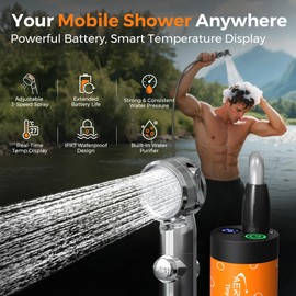 Portable Shower for Camping, Rechargeable Portable Shower Pump with LED Display 3-Level Spray Modes, Strong Pressure, Long Battery Life, Suitable for Pet Bath, Car Washing, Hiking, Traveling, RV