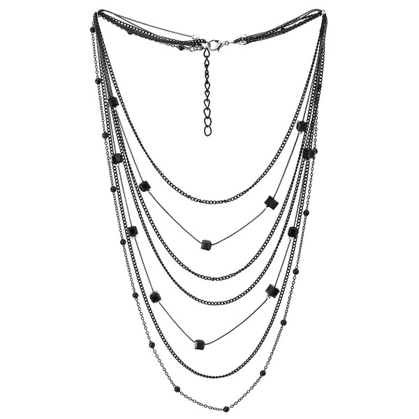 iMETACLII Black Statement Necklace Waterfall Multi Layers Long Chain with