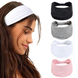 Kabwea 4-Pack Wide Headbands for Ladies, Thick Summer Boho Hair Bands (Black/Light Grey/White/Pink)