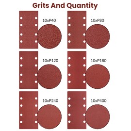 60Pcs Sanding Sheets 93x185mm Detail Sander Pads 40/80/120/180/240/400 Grit, Hook and Loop Sandpaper Square Sanding Discs Fit Rectangular Sander for Sanding, Polishing and Rust Removal(8 Holes)