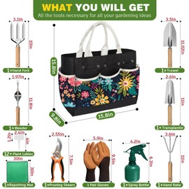 22Pcs Gardening Tools Set for Women Heavy Duty Garden Hand Tools Yard Work Tools Gardener Gifts Gardening Accessories with Tools Bag/Shovel/Mat/Plant Labels/Gloves-Black