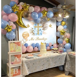 Avezano Mi Bautizo Backdrop Boho Baptism Party Decorations for Boy Blue Floral Angel God Bless Photography Background Christening Newborn Baby Shower Props(7x5ft)