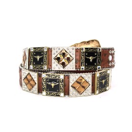 West Star Texas Genuine Leather Belt for Women & Cowboy Big Rhinestone Engraved Buckle Country Gold 5011A Longhorn CF M