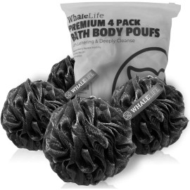 WhaleLife Shower Bath Sponge Shower Loofahs Pouf Ball Nature Bamboo Char, 4 Pack Large