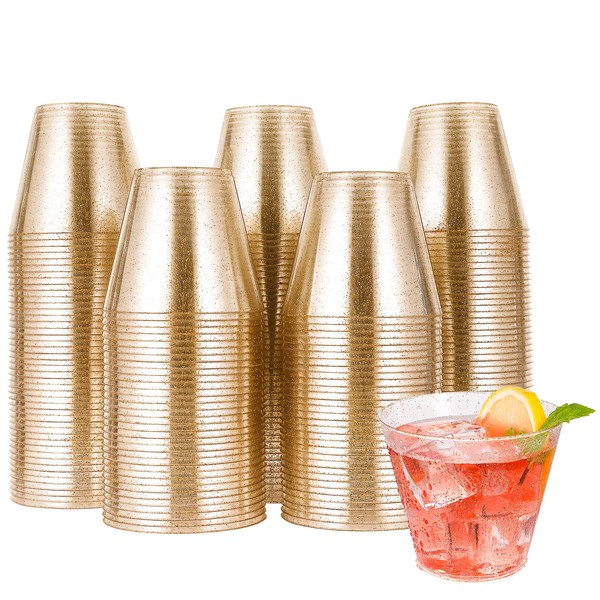 JOLLY CHEF 200pcs 9OZ Glitter Plastic Cups,Clear Tumblers,Gold Glitter Disposable Cups for Wedding,Thanksgiving, Christmas Party