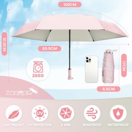 ZOMAKE Mini Umbrella Travel Compact - UV Mini Umbrella with Double Rib for Sun Protection Pocket Lightweight Manual Compact Folding Umbrellas with Hanging Bag for Women & Men, Small Umbrellas Backpack