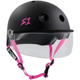 S1 Lifer Visor Helmet Gen 2 for Skateboarding, BMX, and Roller Skating - EPS Fusion Foam, CPSC & ASTM Certified - Black Matte w/Pink Straps and Clear Visor X-Large (22.5")
