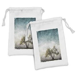 Lunarable Tree of Life Fabric Pouch Set of 2, Grunge Landscape Single Root and Retro Background Rustic Print, Small Drawstring Bag for Toiletries Masks and Favors, 9" x 6", Teal Green Beige