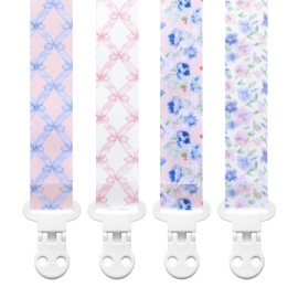 Baby Pacifier Clip Holder - Girl 4 Pack Gift Set – Vintage Floral French Granmillenial Ribbons Bows and Flowers in Pink and Blue
