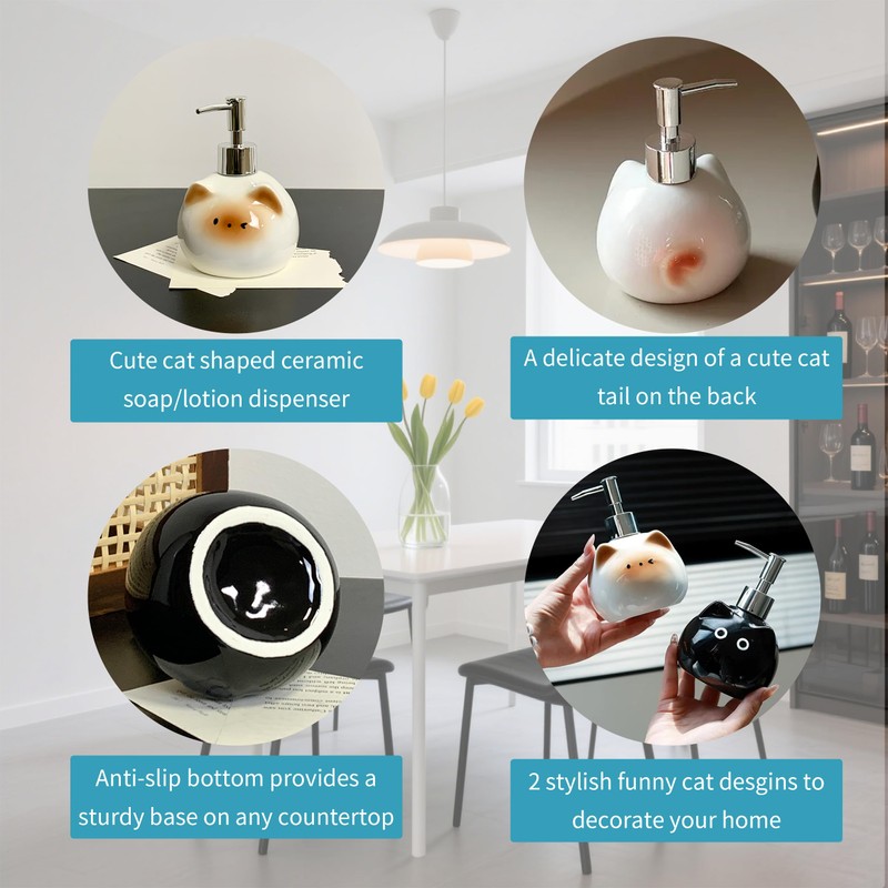 Ceramic Cute Cat Soap Dispenser with Pump, Perfect for Dish