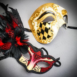 ILOVEMASKS Venetian Phantom Half Face & RED Glitter Peacock Black Feather Eye Couple Mask
