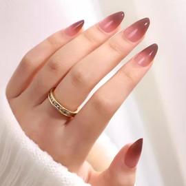 Ombre Brown Press on Nails Short Almond Fake Nails Cute Simple Acrylci Nails Press ons Translucent False Nails Glossy Gradient Glue on Nails for Women Girls 24 Pcs