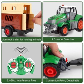 fisca Remote Control Tractor Toy Set with 33PCS Farm Animals Figurines, Livestock Caravan & Fence – 2.4GHz 1/24 Scale Farm Play Set RC Toys Tractor with Light for Kids Age 4, 5, 6, 7 and Up Years Old