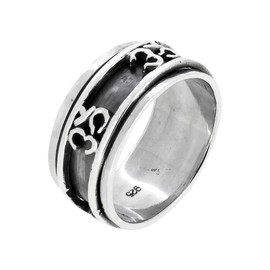 TreasureBay 925 Sterling Silver 11mm Wide Rotating Aum Ohm OM Ring for Men and Women, Sterling Silver