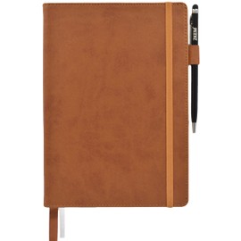 2KEM Notebook A5 - Hard Cover, 240 Pages Cream / 120 g/m², Numbered, Folding Pocket, Elastic Band, Pen Holder, Table of Contents, 2 Bookmarks, Touch Pen - Ideal as a Gift (Lined, Ochre)