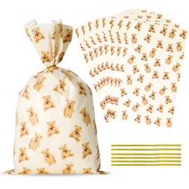 Docvania Cello Cellophane Treat Gift Bags Bear Cookie Bags 100 pcs 7 X 12 Goodie Bag with Ties for Mother's Day, Valentine's Day and Parties, Weddings