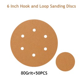 SUPBICCO 50 PCS 6 Inch Sanding Discs Hook and Loop 80 Grit, 6 Hole Sand Paper Disc for Random Orbital Sander, Gold Random Orbital Sandpaper Pads