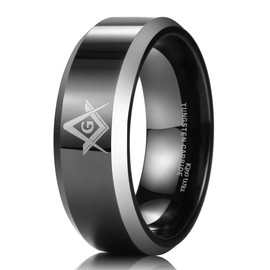 King Will CLASSIC 8mm Black Men's Tungsten Carbide Ring Polished Masonic Compass Square Free Mason 7.5