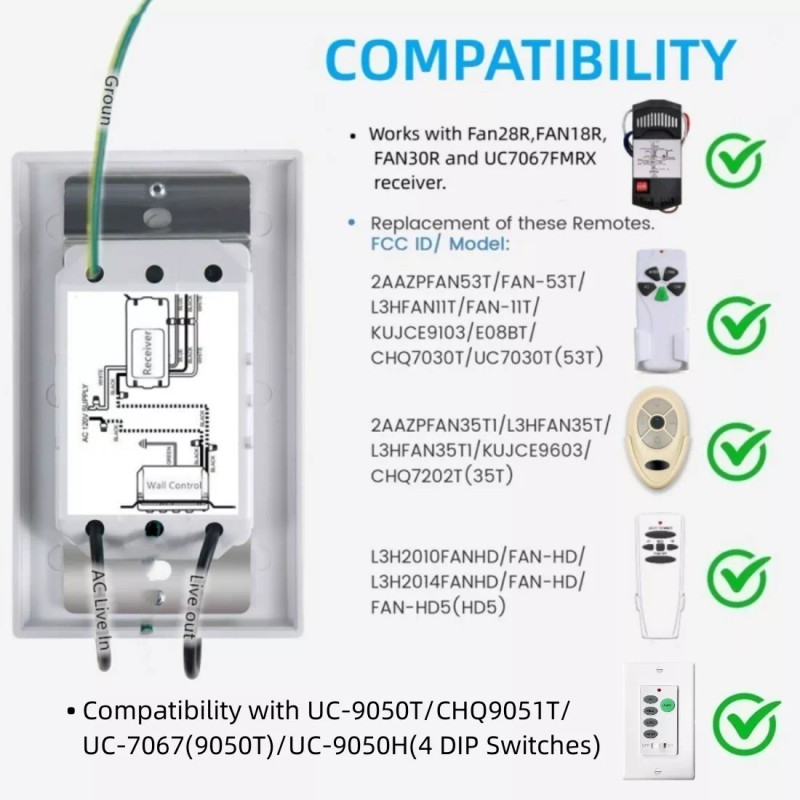 53T Ceiling Fan Wall Remote Control 4DIP Switch for Harbor