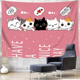 Tapiz de pared de 60 x 40 pulgadas para recámara, color rosa fuerte, dibujos animados, gatos, divertido tapiz para colgar en la pared, tapices de pared para decoración del hogar, lindo tapiz de anime
