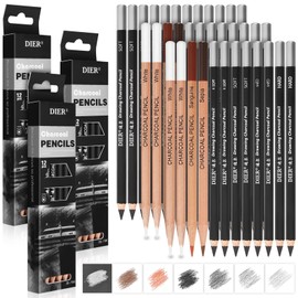 Geyoga 36 Pcs Professional Charcoal Pencils Extra soft, Soft, Medium, Hard, White, Brown for Drawing Charcoal Pencils Drawing Set Art Supplies for Sketching, Beginners, Artists