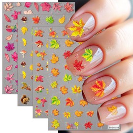 4 Sheets Embossed Maple Leaves Nail Stickers for Nail Art Autumn Fallen Leaf Nail Decals 5D Self-Adhesive Squirrel Pine Cones Pumpkin Nail Design Supplies Fall Thanksgiving Nail Art Stickers for Women