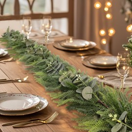 6ft Norfolk Pine Garland with Eucalyptus Leaves, Real Touch Artificial Greenery Winter Garland Decor for Home, Fireplace, Wall, Porch, Table, Mantle, Indoor Outdoor Decoration