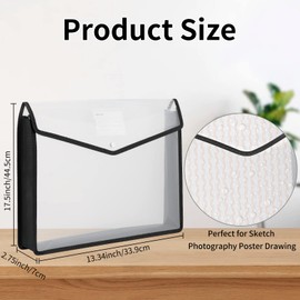 3 Pieces 11 x 17 inch Expandable Tabloid Size Documents Folder with Snap Closure Black Horizontal Large Clear Organizer Storage with Label Plastic Envelopes Expanding File Folder for Plots Charts