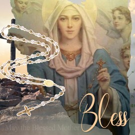 Flongo Pearl Rosary Chain Mary: Cross Virgin Saint Mary Necklace Gold Silver White Pearls Mother of God Pendant Oval Medal Plate Jesus God Crucifix Christening Gift for Men and Women, Stainless Steel