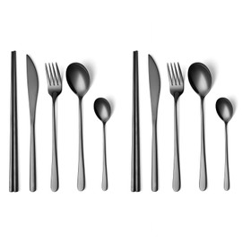 Hive Mind Nordic Style Cutlery Set, Spoon, Fork, Knife, Chopsticks, Set of 4, 18-8 Stainless Steel, Black, Set of 10