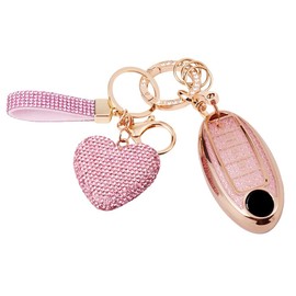 Vehicleloong for Nissan Key Fob Cover Case Shell Keychain Rogue Sentra Altima Pathfinder Frontier Kicks Murano Versa Maxima Infiniti Accessory Accessories Bling Girly Women, 5 Button, Gold Pink, TPU