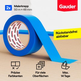 GAUDER Painter's Masking Tape for Precise Colour Edges - Masking Tape for Painting Work - Painter's Tape & Masking Tape Blue - Masking Tape Painter's Tape (2 Rolls - 48 mm x 50 m)