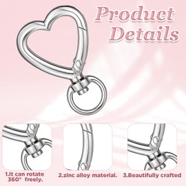 Lnngub 20 Pcs Heart Keychain Clip,Heart Keychain Clasp Silver Hearts Shaped Key Ring Mental Hearts Swivel Spring Clasps for Handbag DIY Keychains Accessories Craft Making