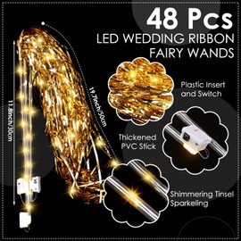 Simgoing 48 Pcs Lighted Wedding Fairy Wands LED Foil Tinsel Wedding Wands Sticks LED Light Up Wand Stick Glow in The Dark Flashing Wands Sparklers for Wedding Birthday Party Favors(Gold)