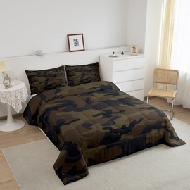 Feelyou Kids Boys Camo Comforter Set Army Camouflage Lightweight Bedding Set for Girls Teens Youth Man Navy Blue Decor Comforter Black Dark Brown Quilt Set Bedroom Collection 3Pcs Queen Size