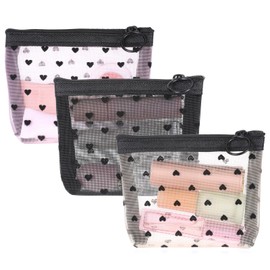 QfwdfcTrenz 3Pcs Mini Heart Mesh Makeup Bag with Zipper, Mesh Cosmetic Bags Heart Print Zipper Pouch Travel Accessories Storage Small Purse Bag for Women Lipstick Makeup Organizer 3 Colors