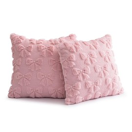 set of 2 Pink Cushion Covers 45 x 45 Bow Pillow Covers Cute soft Faux Fur Soft Preppy Pillows Square-bow patterned Stuff Fluffy Plush Aesthetic Pillows for Sofa Bed Couch