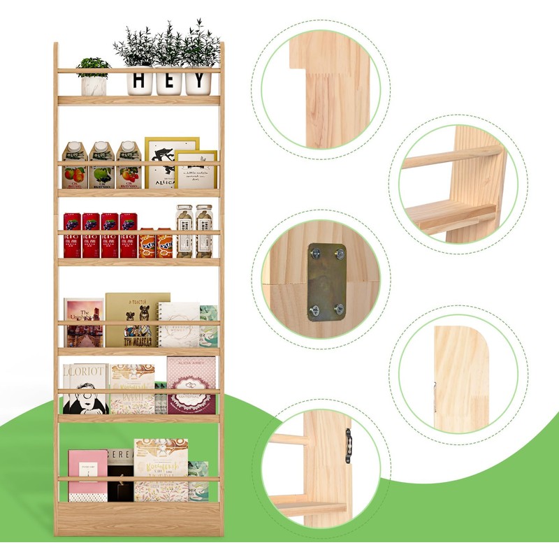 DINFOX 6 Tier Behind The Door Bookshelf, Kids Bookcase Rack
