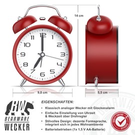 CSL - Wecker analog ohne Ticken mit Licht - LED Beleuchtung - rund - Retro Design - Glockenalarm - schwarz mit weißer Tafel – lauter Klingelton für Tiefschläfer – einfache Bedienung - rot